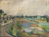une image représentant un tableau d'une route de campagne avec des maisons en arrière-plan