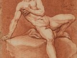 un dessin représentant un homme nu assis sur un rocher