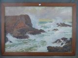 tableau représentant une côte rocheuse où les vagues viennent se briser contre les rochers