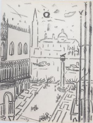 drawing of a view of a city with a clock tower in the distance