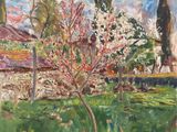 un tableau représentant un jardin avec des arbres et une maison en arrière-plan