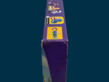a purple box with stickers on it and a picture of a man
