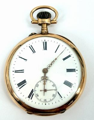 a gold pocket watch with roman numerals on the face