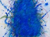 a painting of a blue tree with splats of paint on it