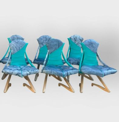 Franck POYETON Ensemble de 6 chaises en bois et cuir bleu et…