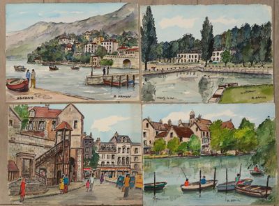 quatre photos d'un tableau représentant une ville avec des bateaux sur l'eau