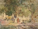 a painting of a man and a woman walking a dog