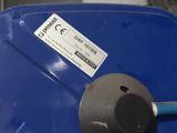 a blue trash can with a blue handle and a blue lid