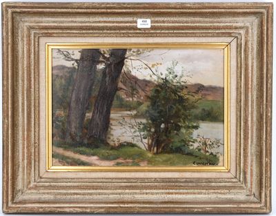 une image représentant un tableau représentant une rivière et des arbres, dans un cadre doré