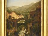 une peinture à l'huile représentant un pont sur une rivière, avec un village en arrière-plan