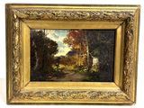 an oil painting of a country road with a house in the distance