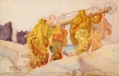 painting of a group of men carrying a large piece of equipment