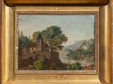 an oil painting of a village by a river with a castle in the background