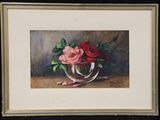 painting of roses in a glass vase on a table