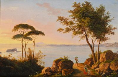 une image représentant un tableau où l'on voit des personnes sur un sentier près d'un plan d'eau