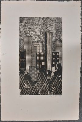 photographie en noir et blanc représentant une ville avec des gratte-ciel