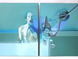two pictures of a woman in a bathtub with a microphone
