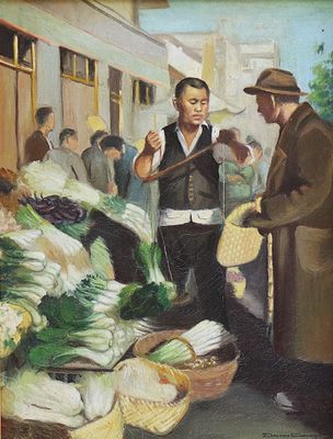 un tableau représentant un homme et une femme debout devant un étal de légumes