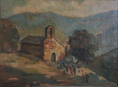 ECOLE XXe. La sortie de la messe. Huile sur panneau signée. 45 x 60 cm - Photo 1