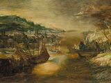 un tableau représentant un paysage fluvial avec des bateaux sur l'eau