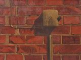 a painting of a fire hydrant in front of a brick wall