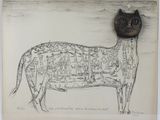 a drawing of a cow with a cat on it ' s head