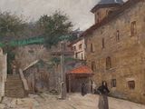 painting of a woman walking down a cobblestone street with a clock tower in the background