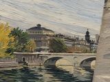 une peinture représentant un pont enjambant une rivière, avec un bâtiment en arrière-plan