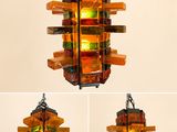 four different views of a multicolored glass chandelier hanging from a ceiling