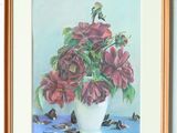 a painting of flowers in a white vase on a table
