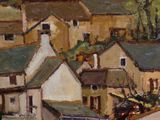 a painting of a town with a horse and buggy in the foreground