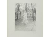 a black and white drawing of a woman standing in a park