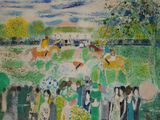 a painting of a group of people standing in a field
