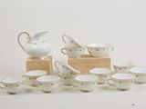 many cups and saucers that are sitting on a table