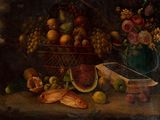 a painting of a basket of fruit and vegetables on a table