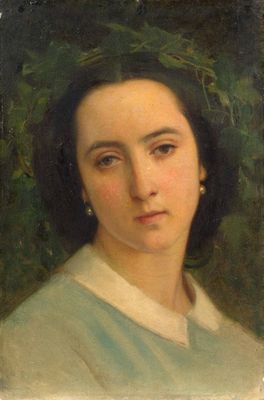 portrait d'une femme en robe bleue, une couronne sur la tête