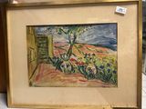 tableau encadré représentant un paysage avec des fleurs et un arbre au premier plan