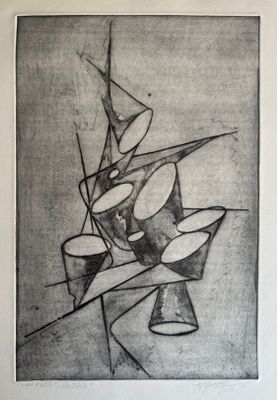une image représentant un dessin en noir et blanc d'un vase et de tasses
