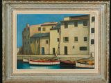 painting of two boats in a harbor with buildings in the background