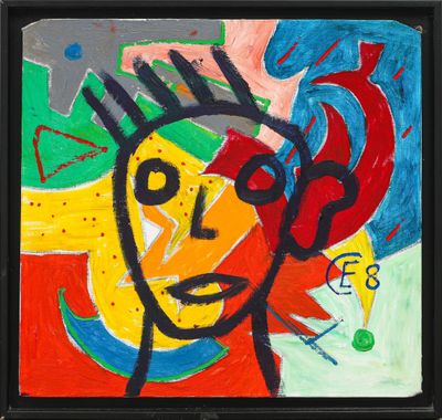 une image représentant un tableau représentant le visage d'un homme sur un fond coloré