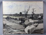 dessin représentant un paysage avec une rivière et des arbres au loin