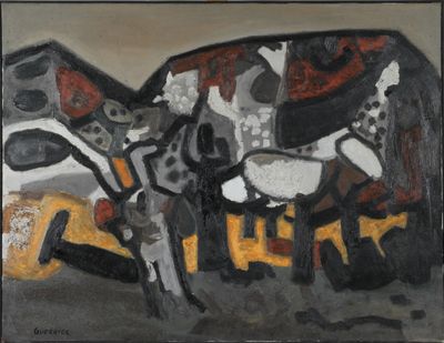 une image représentant un tableau où l'on voit une vache et un homme à cheval