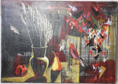 un tableau représentant des oiseaux et des fleurs dans un vase posé sur une table