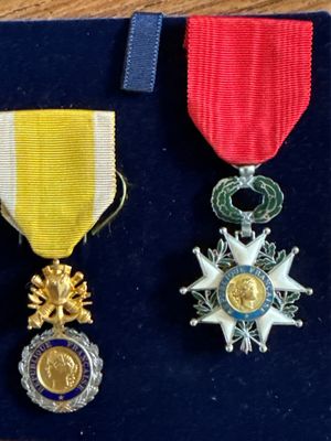 three medals that are on display on a table