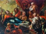 an oil painting of a man laying on a bed surrounded by other people