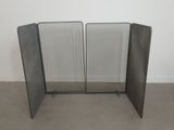 pair of black metal folding screen doors with glass panels on each side