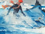 painting of a person on skis riding a wave in the snow