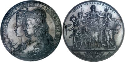 two silver coins with a portrait of a man and a woman on them