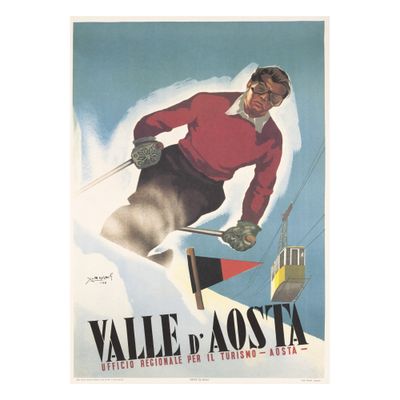 affiche représentant un homme descendant une montagne à ski, avec le ciel en arrière-plan