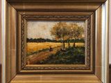 une peinture à l'huile représentant un champ avec des arbres et une personne au loin